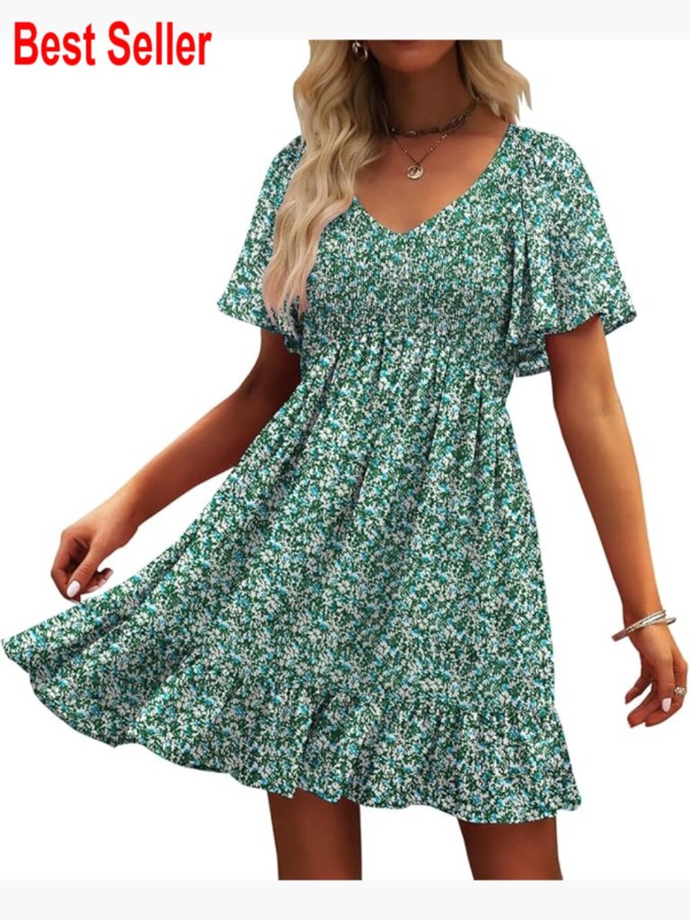 Polyester Blend Flutter Sleeve Sundress With Smocked V Neck And Pockets
